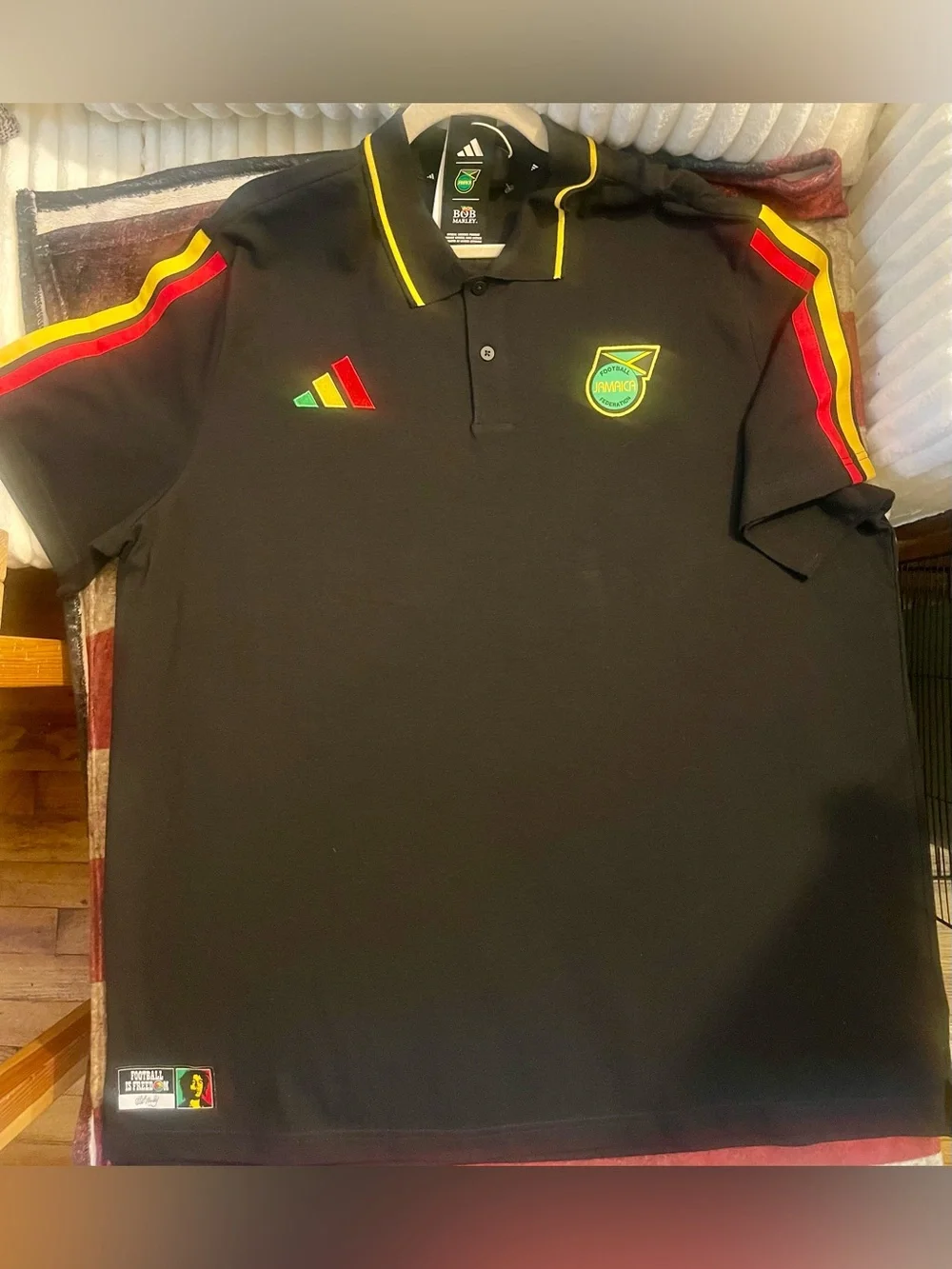 adidas Black Polo Shirt with Red, Yellow and Green Accents